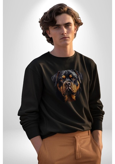 Rottweiler Kafası Unisex Siyah Baskılı Sweatshirt Siyah