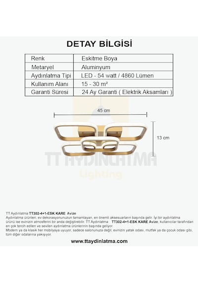Tt302-4+1-Esk Kare Tt Aydınlatma Eskitme Boyalı 5 Li Led Avize