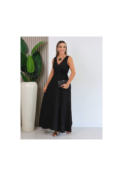 Butik İstanbul Kadın Askılı Derin V Yakalı Yırtmaçlı Uzun Elbise Siyah