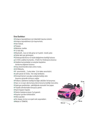 Akar Oyuncak Akar Raptor Akülü Araba Uzaktan Kumandalı 12 V Pembe