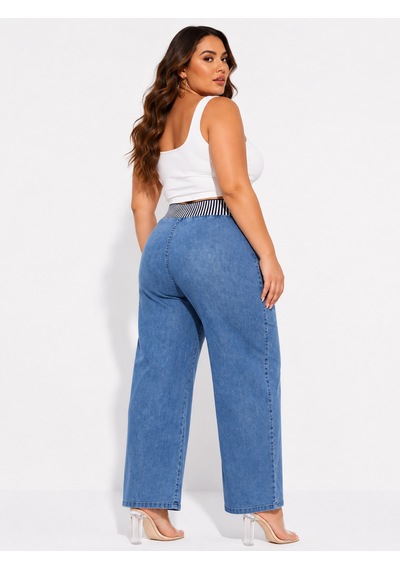 Zanessi Fashıon Büyük Beden Denim Beli Lastikli Bol Paça Kadın Pantolon Mavi