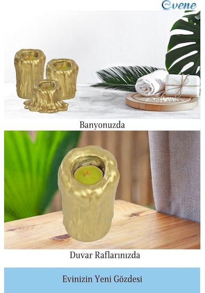 Mumluk Şamdan 3 Adet Tealight Uyumlu Üçlü Tüm Boylar Erimiş Mum Model - Altın