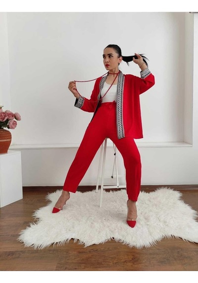 İpli Dar Nakışlı Kimono Takımı Siyah