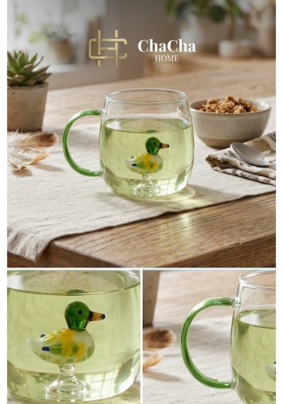 Chacha Home Figürlü Borosilikat Cam Kupa 350 Ml - Renkli Kulplu Bardak - El Yapımı Cam Figürlü Sunum Kupası Ördek Figür