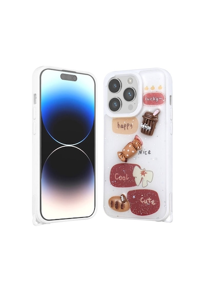 Zore İphone 14 Pro Max Kılıf Parlayan Sıvılı Simli Kabartma Figürlü Nvth Cevze Kapak-beyaz