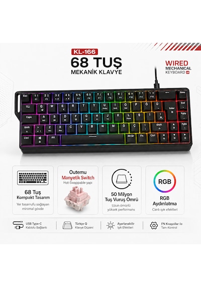 68 Tuş Türkçe Q Rgb Mekanik Gaming Klavye Outemu Manyetik Switch Hot Swappable Type-c Kablolu Kompakt Klavye