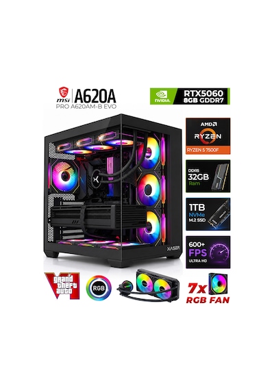 Xaser SHINY X70 R5-7500F 32 GB 1 TB M.2 NVMe SSD 8 GB RTX5060 Free Dos Masaüstü Oyuncu Bilgisayarı