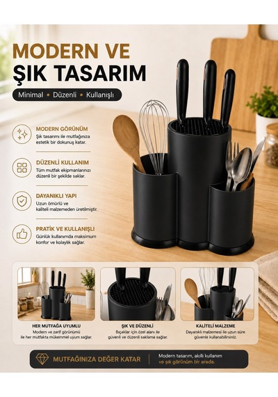 Tezgah Üstü Bölmeli Bıçaklık - Kaşık Kepçe Bıçak Standı Mutfak Düzenleyici Organizer Kaşıklık Siyah S-10137