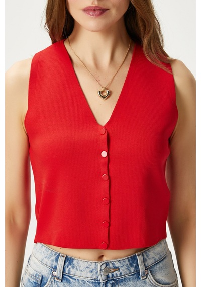 Ritnice Kadın Petite Çıtçıtlı Crop Kırmızı Triko Yelek Kırmızı