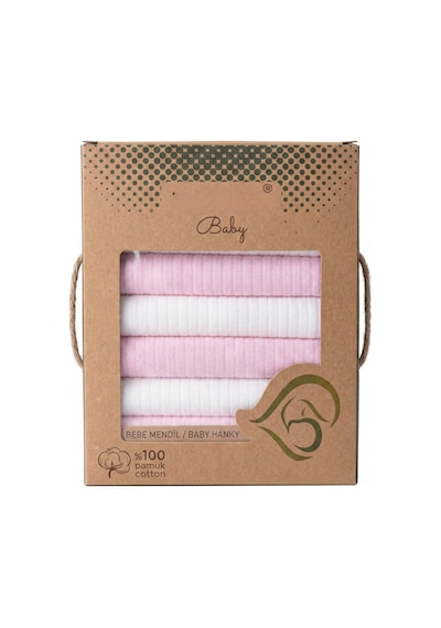 7 Li %100 Pamuk Bebek Ağız Mendili Pembe & Beyaz Kutulu Hediyelik Set Bej