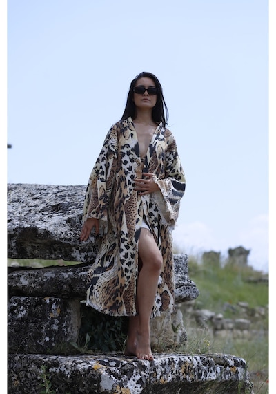 Befera Müslin Kimono Pamuklu Dijital Leopar Baskılı Bornoz Kaftan Sabahlık Kahverengi