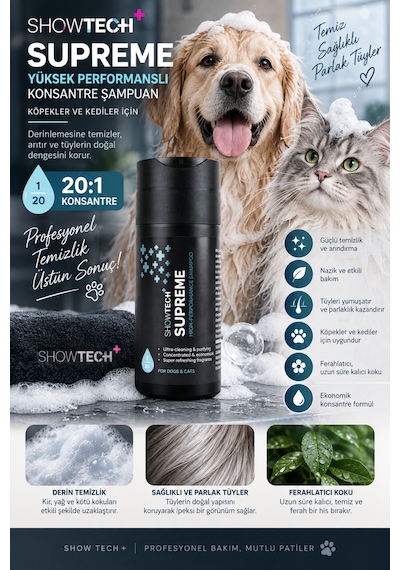 Showtech Supreme Yüksek Performans 100 Ml 20:1 Konsantre Köpek Şampuanı