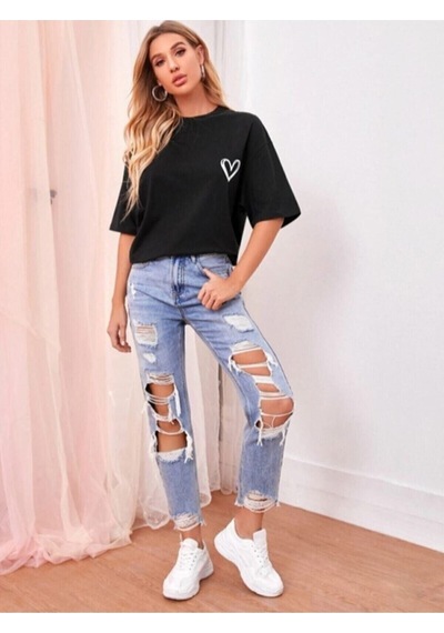 Minimal Kalp T-shirt - Siyah Baskılı Oversize Bisiklet Yaka Kısa Kol Tişört Siyah