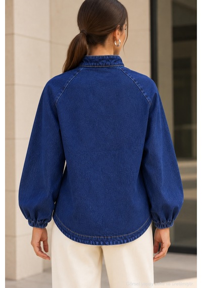 Polo State Kadın Hakim Yaka Raglan Kollu Düğmeli Denim Ceket - Lacivert