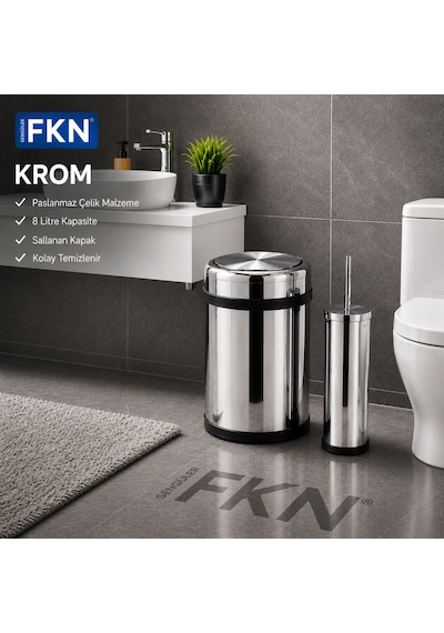 Fkn Krom Banyo Çöp Kovası Ve Klozet Fırçası Seti Paslanmaz Çelik 8 Litre