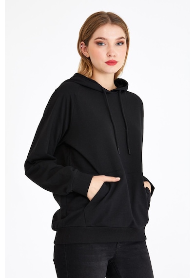 Comeor Kadın Siyah Basic Kapüşonlu Regular Fit Rahat Sweatshirt 001