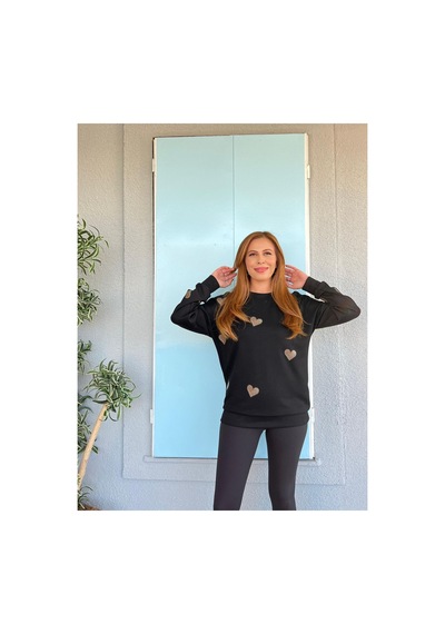 Çınar Boutique Kalp Desenli Sweatshirt Siyah Siyah