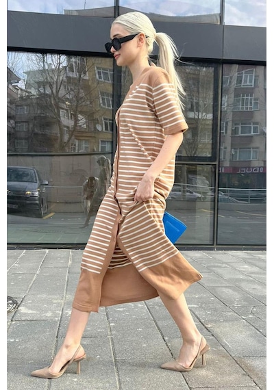 Madmext Camel Düğmeli Triko Kadın Elbise Mg1648-camel