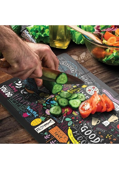 Cam Kesme Tahtası Ve Sunumluk Karışık Yazı Desenli 30x40 Cm Çok Renkli