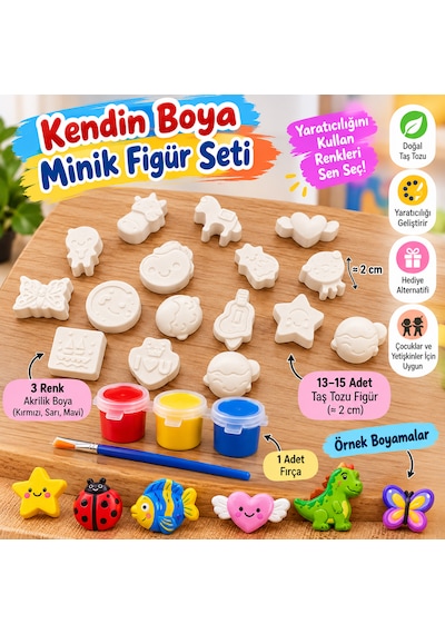 Kendin Boya Minik Figür Boyama Seti 2 Cm Taş Tozu Figürler 3 Renk Boya Ve Fırça