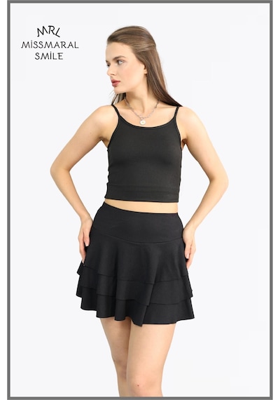 Mykonos Etek Siyah Içte Sabit Şortlu Yüksek Bel Likralı Bürümcük Kumaş Skirt With Shorts 1101 Siyah