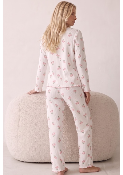 Siyah İnci Yumuşak Tuşe Kışlık Fitilli Pamuklu Örme Düğmeli Hırka Pijama Takım 8073 Lale