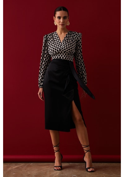 Sateen Yırtmaçlı Saten Etek - Siyah