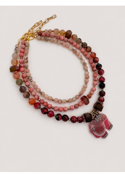 El Yapımı Pembe Opal, Rodonit & Pembe Akik Doğal Taş Kolye Seti