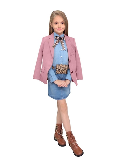 Riccotarz Kız Çocuk Leopar Desenli Fiyonk Detaylı Kot Gömlek Pudra Blazer Ceket Etekli Takım Pembe Riccotarz Kız Çocuk Leopar Desenli Fiyonk Detaylı Kot Gömlek Pudra Blazer Ceket Etekli Takım Pembe