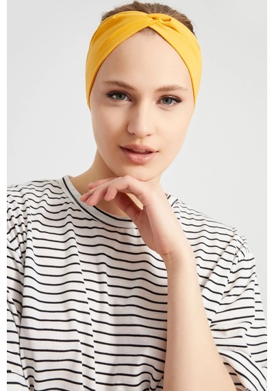 Kadın Çapraz Bağlamalı Pamuklu Penye, Kaymaz, Yumuşak, Esnek, Saç Bandı Bandana Hardal