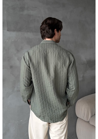 Erkek Oversize Çizgili Modal Gömlek Haki