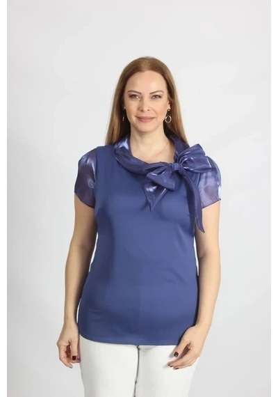 Moda Berray 3176 Yakası Fiyonk Detaylı Saten Bluz Lacivert Lacivert