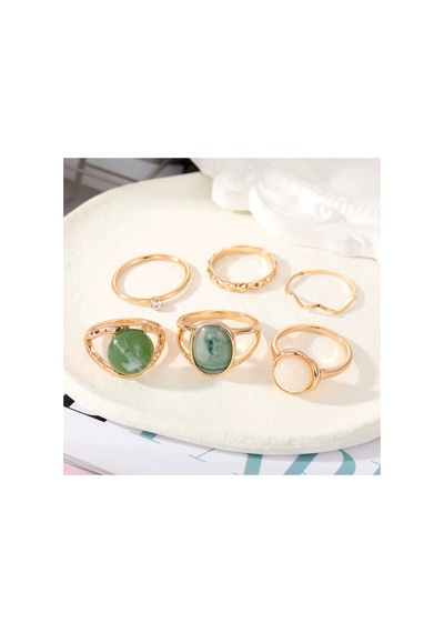 Oasis Gold Altın Renkli Mavi Yeşil Krem Doğal Taşlı Vintage Bohem 6 Parça 6'lı Yüzük Seti Kırmızı-Siyah