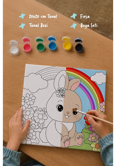 Gökkuşağı Ve Tavşan Temalı Çocuk Boyama Tuvali Şövalesiz Eğitici Boyama Seti 20x20 Cm