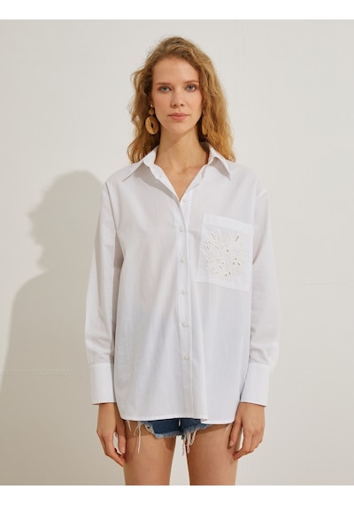 Koton Oversize Gömlek Cepli Nakış Detaylı Kırık Beyaz 3sak60094ew 3SAK60094EW001 Ekru
