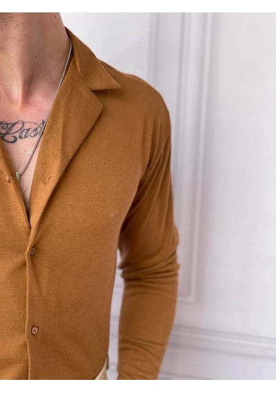 Modefendi Slim Fit %100 Pamuk Triko Kumaş Gömlek Kiremit