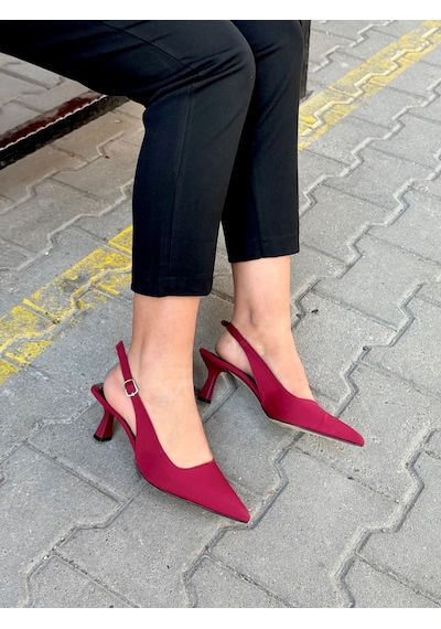 İnci Topuk Zara Model Bordo Arkası Açık Kadın Topuklu Ayakkabı Bordo