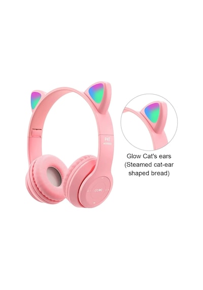 Qasul P47 Kedi Kulak Led Işıklı Kablosuz Bluetooth Mikrofonlu Hafıza Kulaklık 