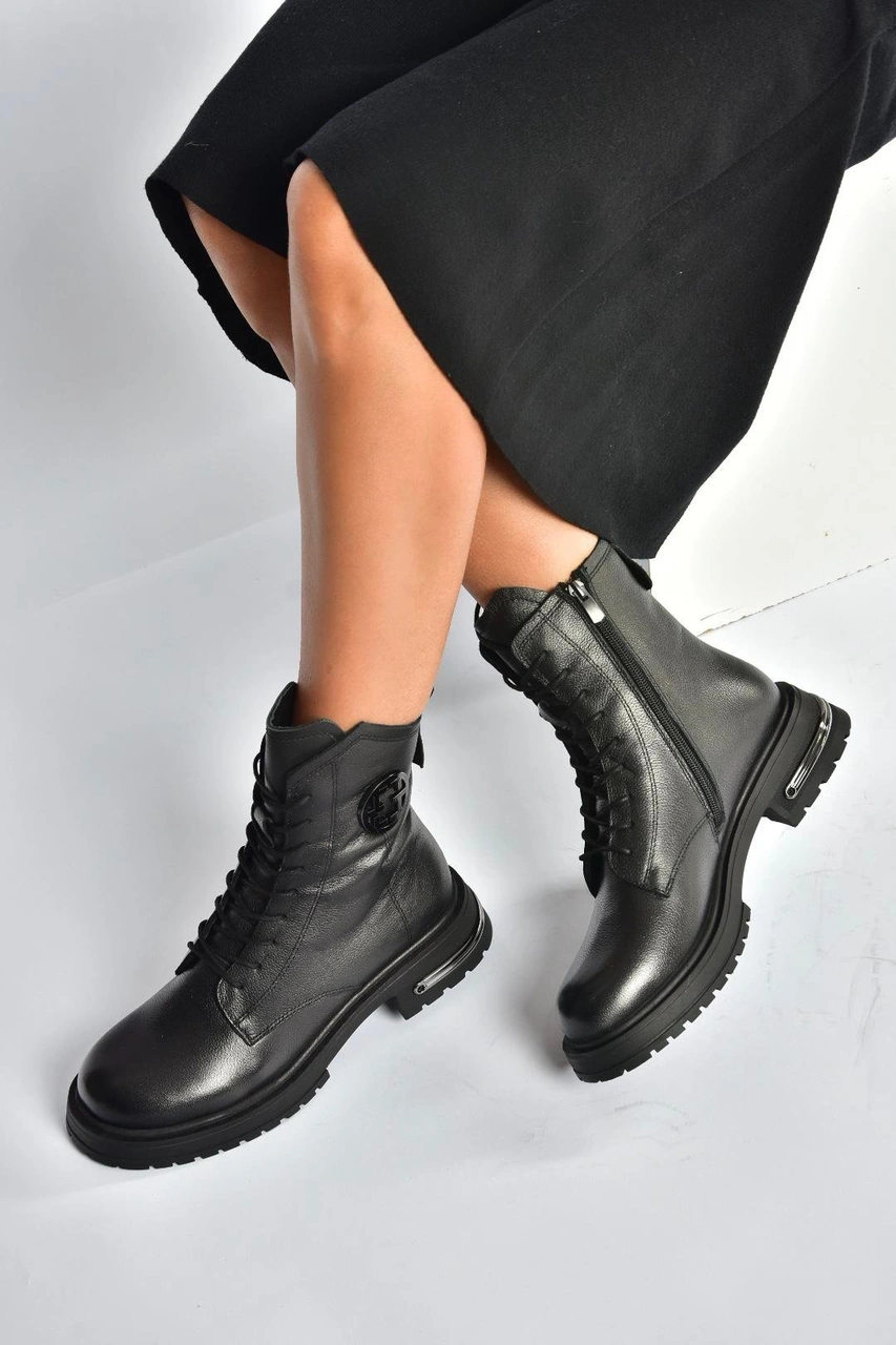 Fox Shoes V555575503 Siyah Hakiki Deri Kadın Postal Bot Siyah-hakiki Deri