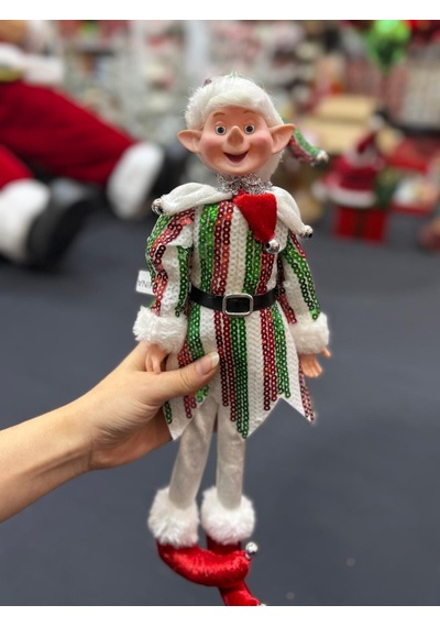 Beysüs Yılbaşı Çam Ağacı Süsü Kırmızı Beyaz Yeşil Çizgili Elf Figürü 36 Cm