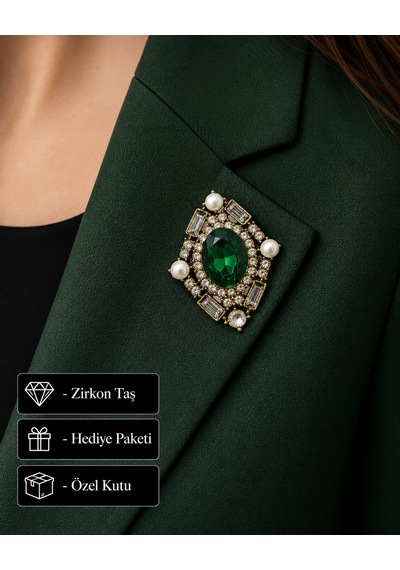 Zümrüt Yeşil Kristal Taşlı Vintage Gold Kadın Broş - Şık Hediye Açık Gri