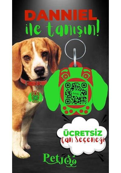 Petjoo 21.Danniel Yeşil-Kırmızı Qr'lı Köpek Künyesi