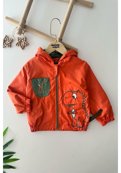 Miniğimin Cicileri Dino Baskılı Erkek Çocuk Kapüşonlu Yağmurluk - Turuncu Turuncu