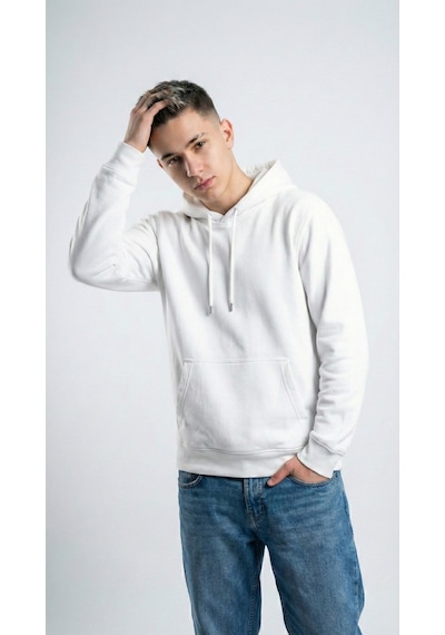 Hoxie Unisex Rahat Kesim Pamuklu Yumuşak Dokulu İçi Polarlı Basic Desenli Kapüşonlu Sweatshirt Beyaz