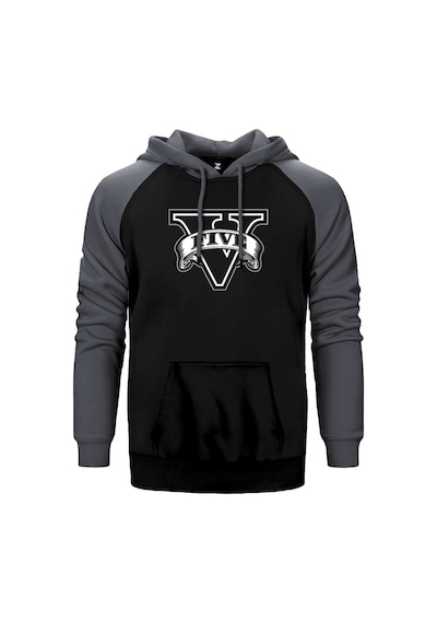 Gta Five Black Logo Gri Renk Reglan Kol Kapşonlu Sweatshirt Gri