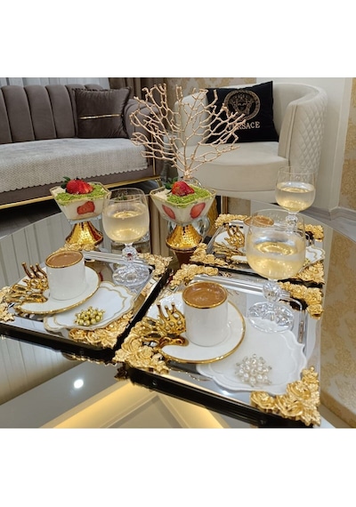 Atabey Home Collection 1 Adet Kahve & Çay & Sunum Tepsisi Tekli Metal Döküm Gül Model