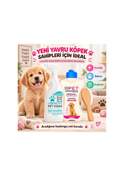 Yavru Köpek İlk Bakım Seti 750 Ml Leke Ve Koku Giderici + 400 Ml Puppy Şampuan + Minik Tüy Fırçası