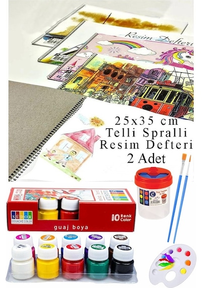 10 Renk Guaj Boya Südor 25x35 Cm Telli Spralli Resim Defteri Palet Resim Fırçası 15 Yaprak Guajboya Resim Defteri Çok Renkli