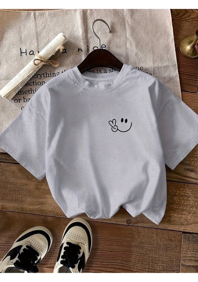 Uyguntarz Unisex Smile Baskılı Tasarım Tshirt Gri
