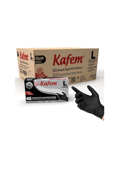 Kafem Çok Amaçlı Siyah Nitril Eldiven (L) 100 Lü X 20 Paket (Koli)